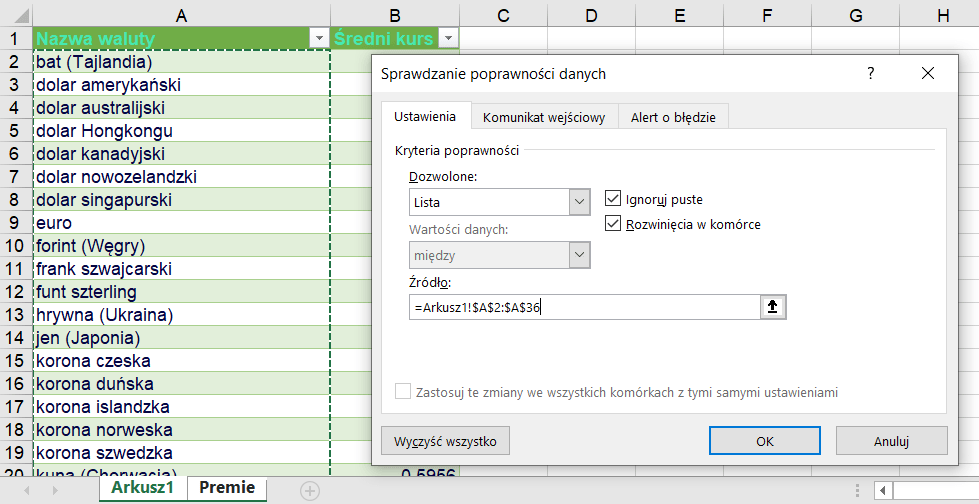 Kursy walut Excel Power Query