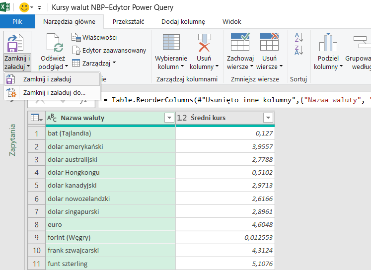 Kursy walut Excel Power Query