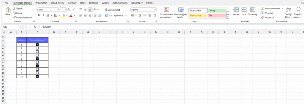 Pole wyboru w Excelu