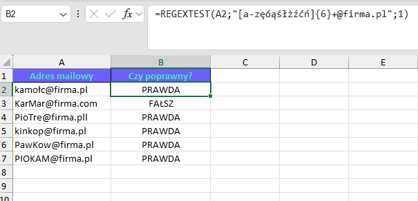 Funkcja REGEXTEST - polskie znaki