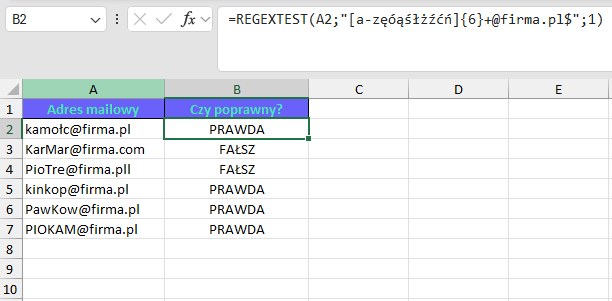 Funkcja REGEXTEST - maile