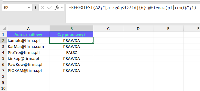 Funkcja REGEXTEST - maile